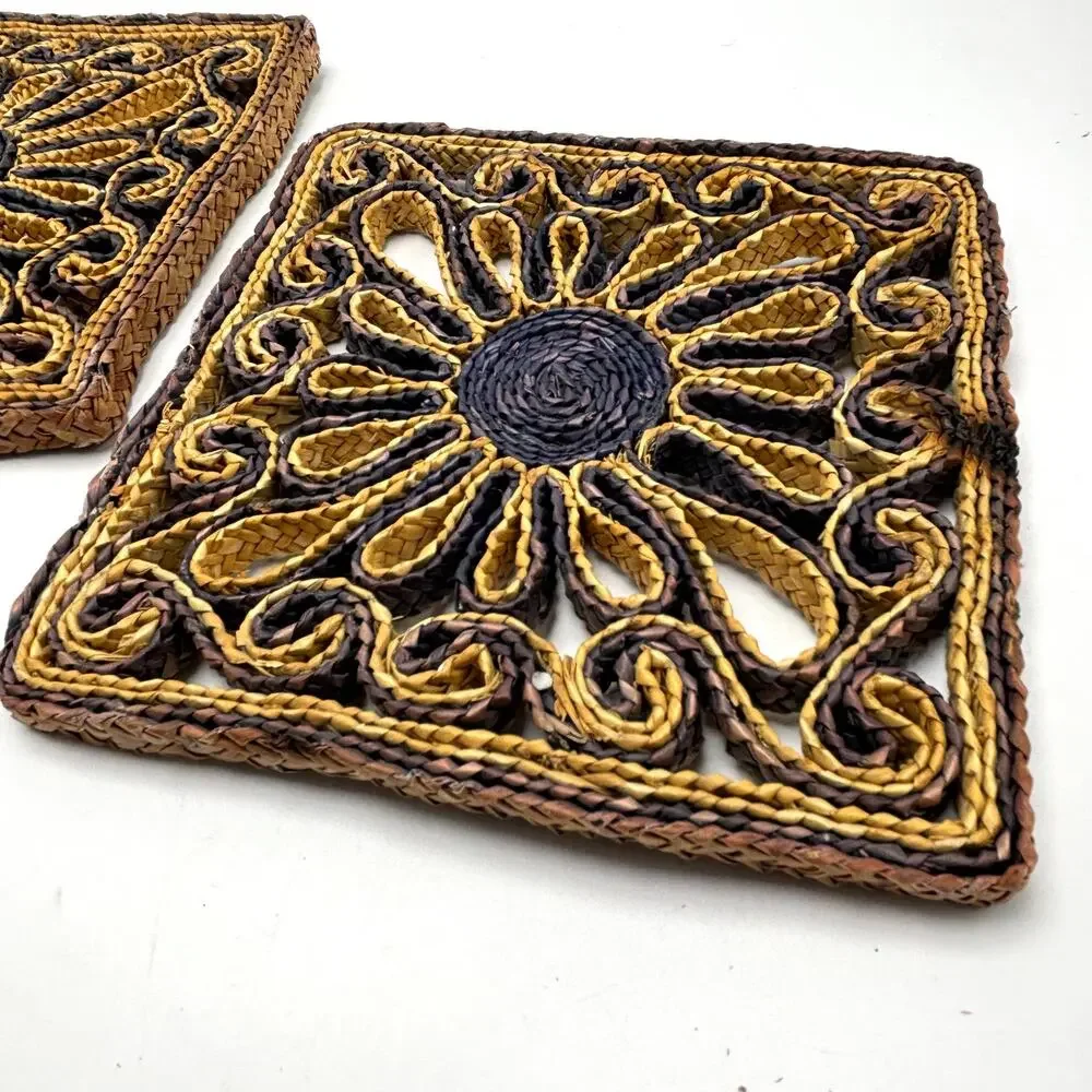 Vintage 1970s Boho Woven Trivets Lot 4 Colorful Hippie Wall Hanging Raffia Straw